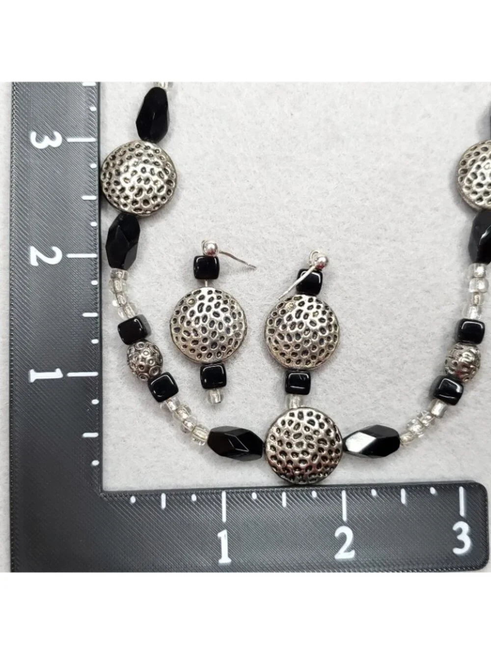 Beaded Necklace Bracelet Earring Set Black Silver Tone 20